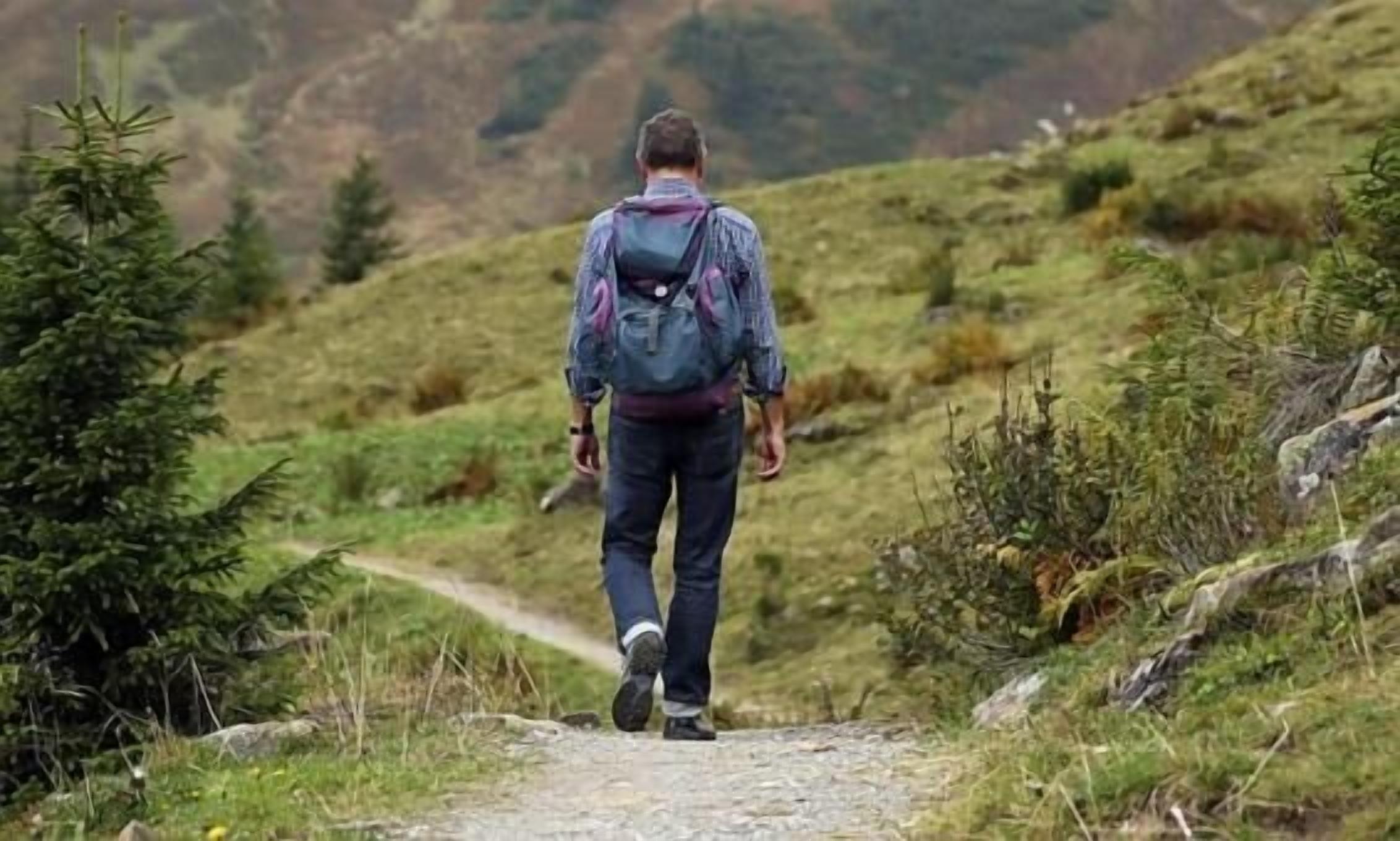A person walking on a dirt path surrounded by greenery and hills.