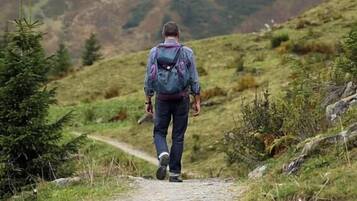 A person walking on a dirt path surrounded by greenery and hills.