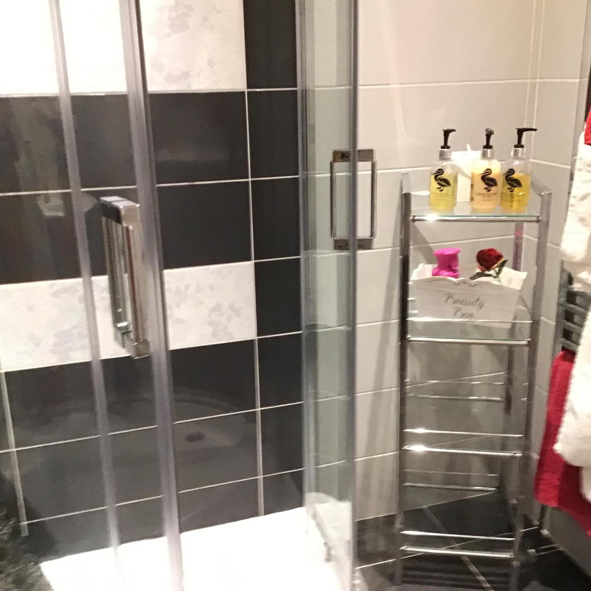 Une salle de bain avec une douche à parois de verre, un meuble-lavabo avec des articles de toilette et un porte-serviettes.