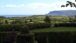 A rural landscape with rolling hills, a distant view of the sea, and a prominent tree in the foreground. - Garron View Bed and Breakfast (Ballymena)