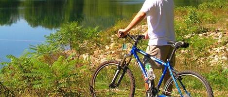 A person standing next to a blue mountain bike near a lake with greenery and trees in the background.