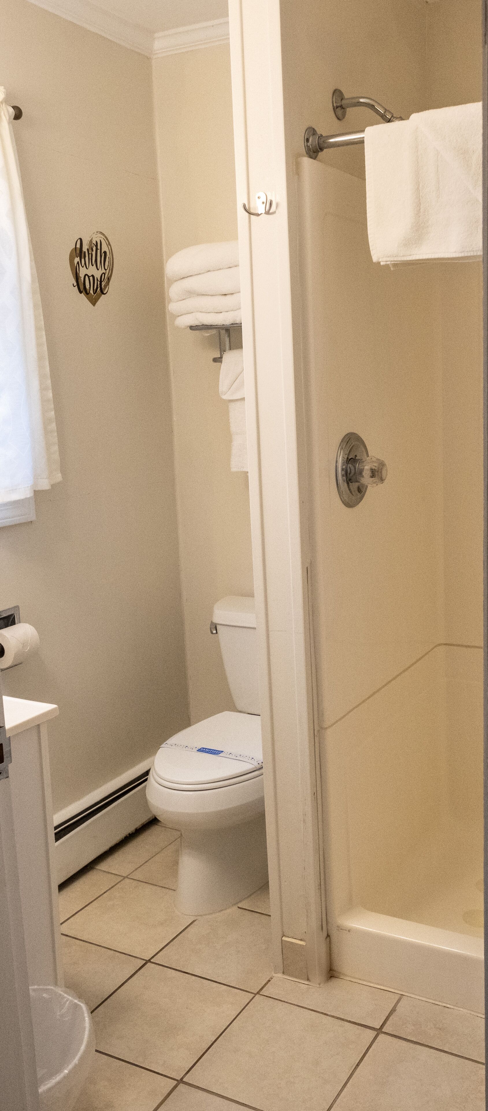 A bathroom with a toilet, a shower, and a towel rack.