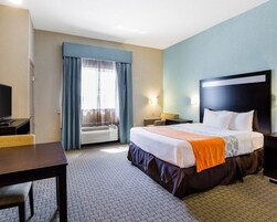 Habitación de hotel con cama, escritorio, televisión y ventana con cortinas.