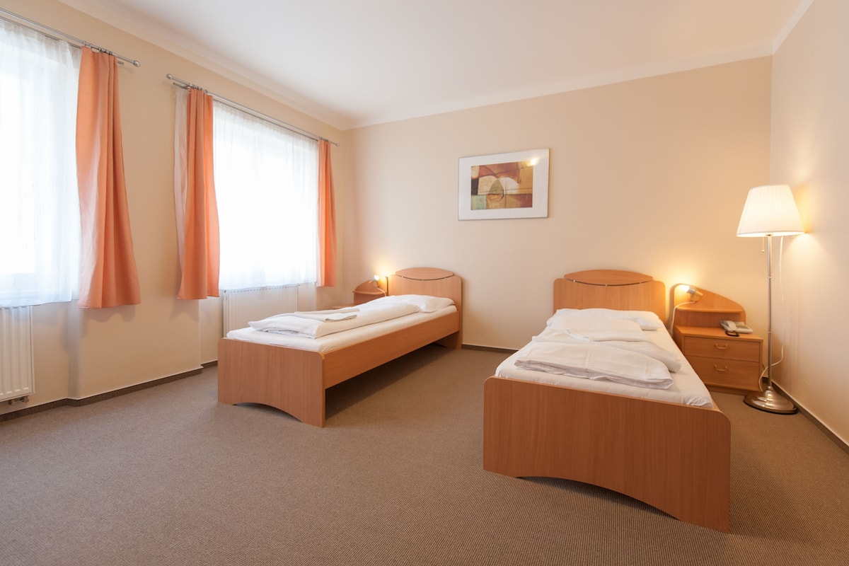 A hotel room with two single beds, a bedside table with a lamp, a small bedside table with a phone, and a framed picture on the wall.
