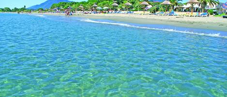 Beach nearby, sun loungers, beach umbrellas
