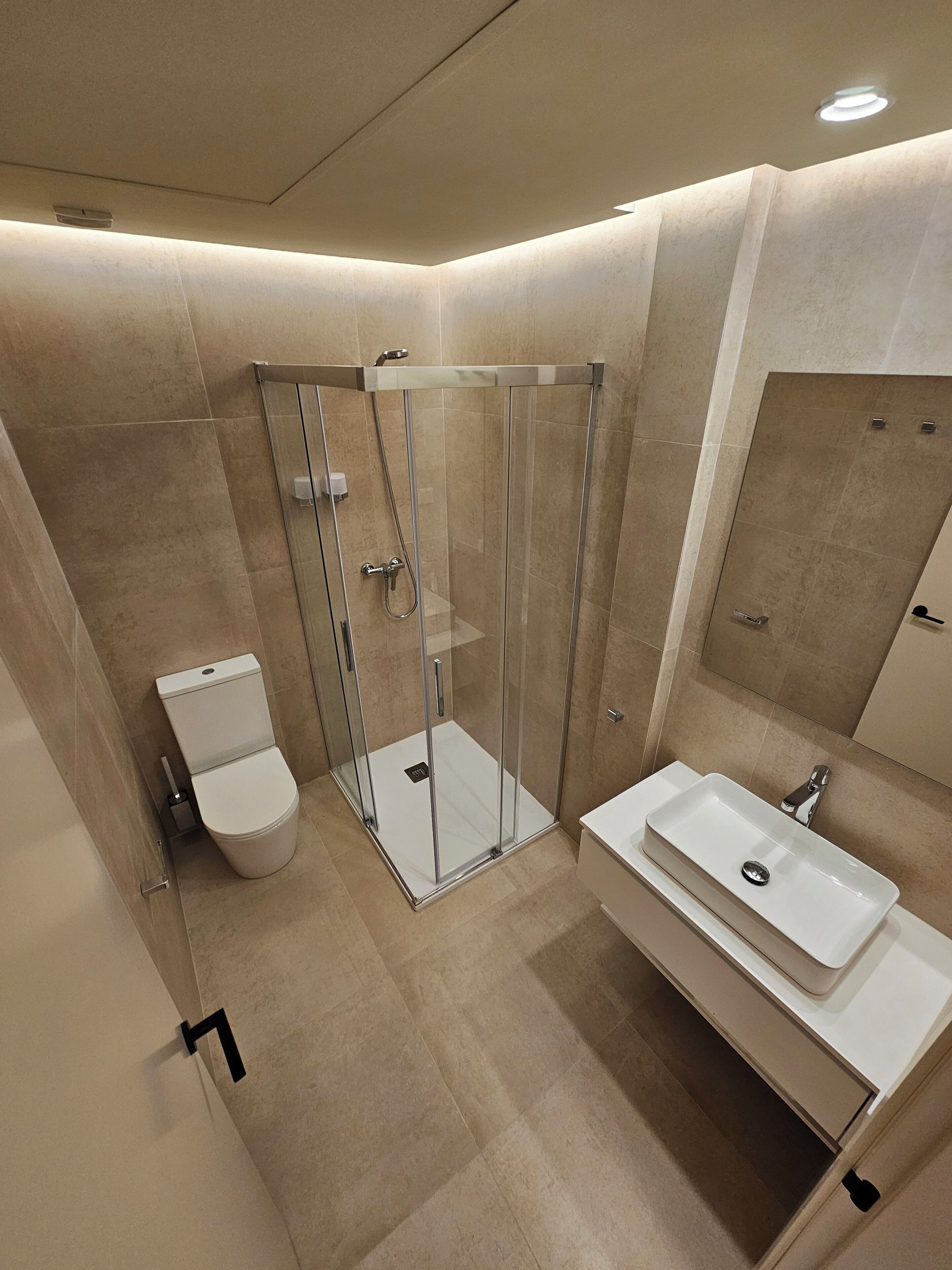 A modern bathroom with a glass-enclosed shower, a toilet, and a sink.