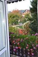 Vista a través de una ventana con un jardín delantero, con flores rosas y rojas, y una casa al fondo.