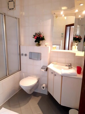 A bathroom with a toilet, sink, mirror, and a shower area. - Gasthaus Auerhahn (Baden-Baden)