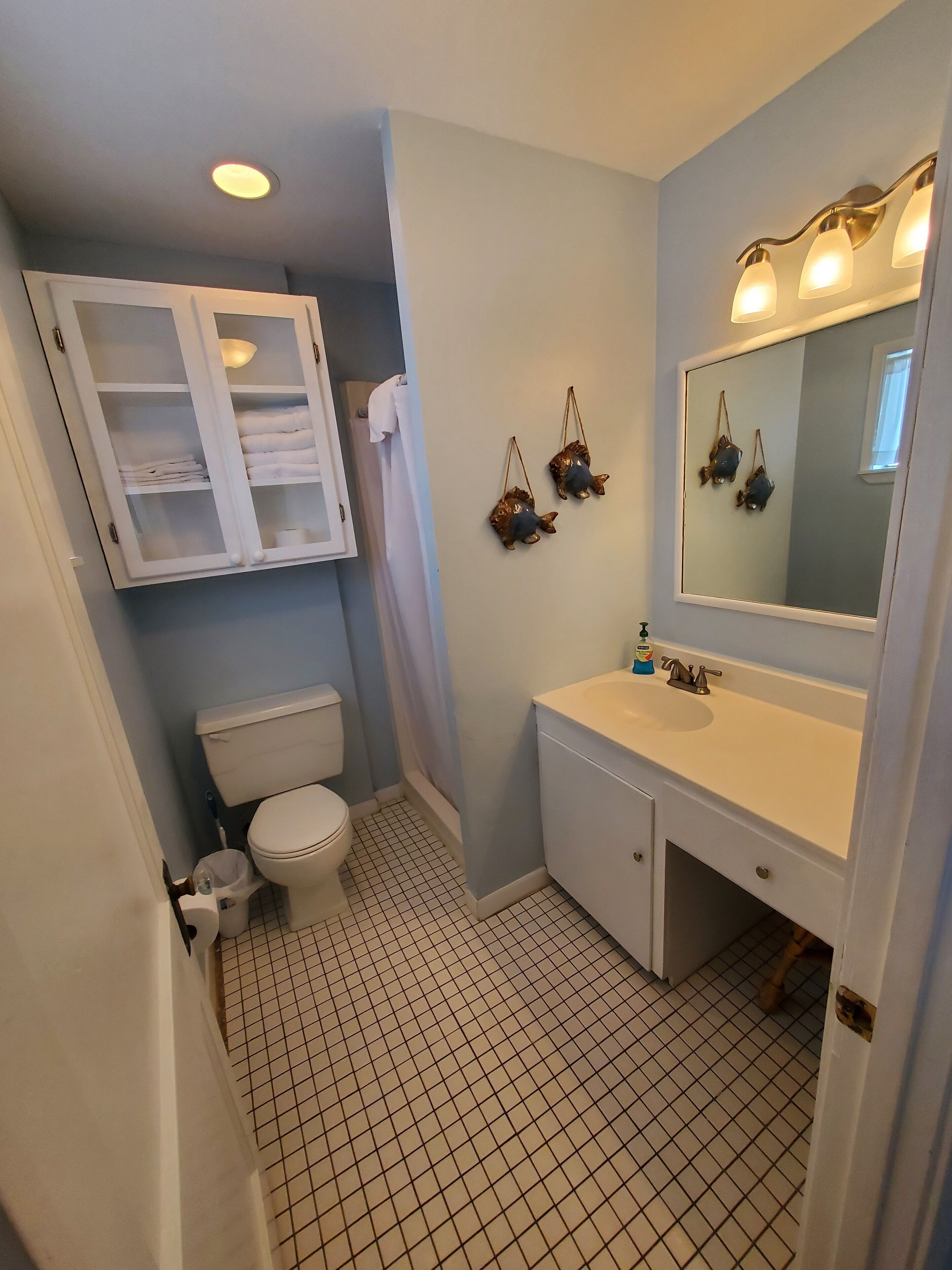Ein Badezimmer mit Toilette, Waschbecken und Schrank.