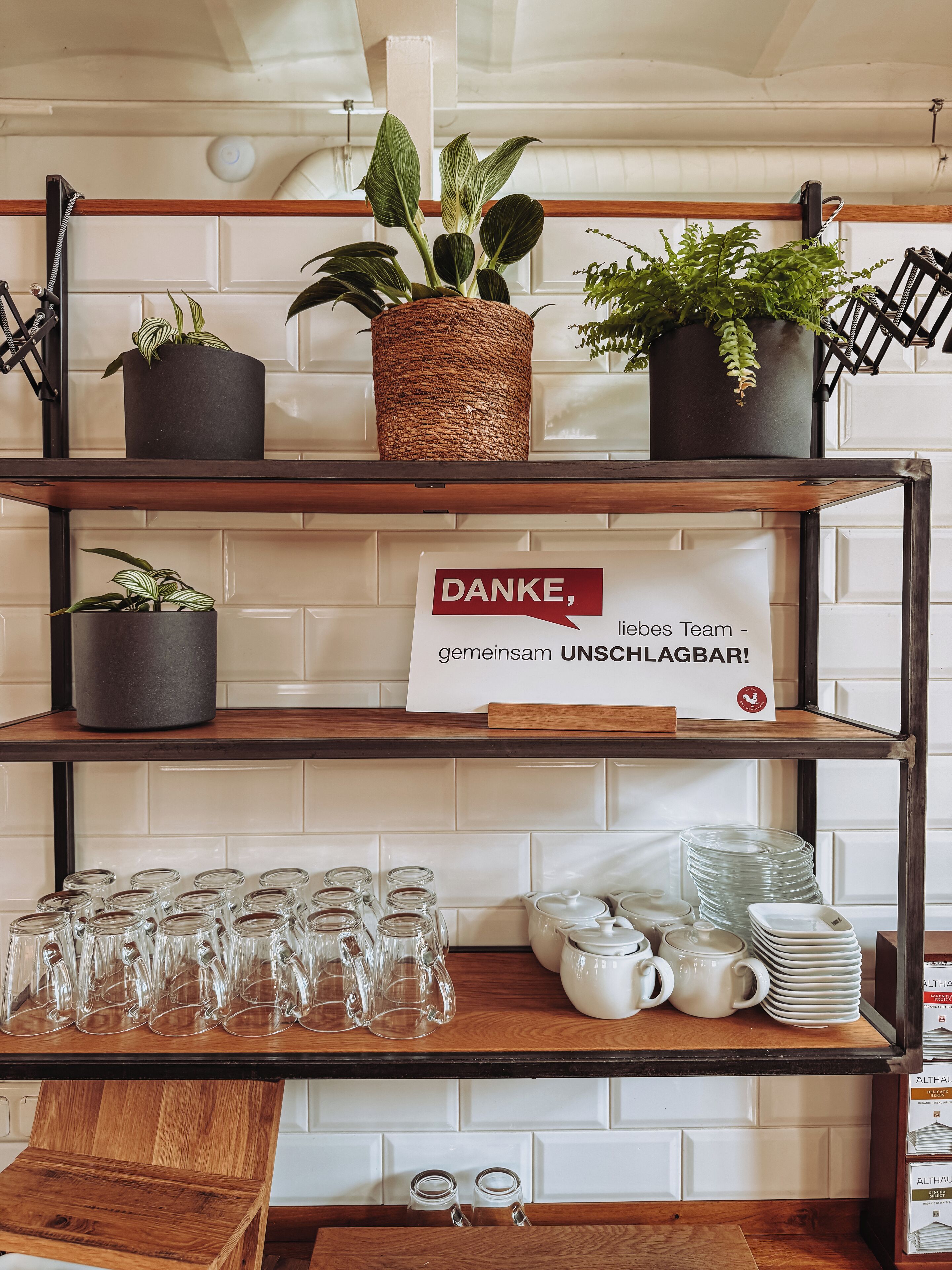 A shelf with potted plants, a sign, and glassware.