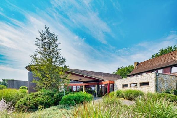 A modern house with a stone facade, a large tree in the front, and a clear blue sky.