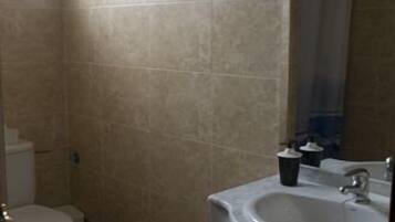 A bathroom with a toilet, sink, and mirror.