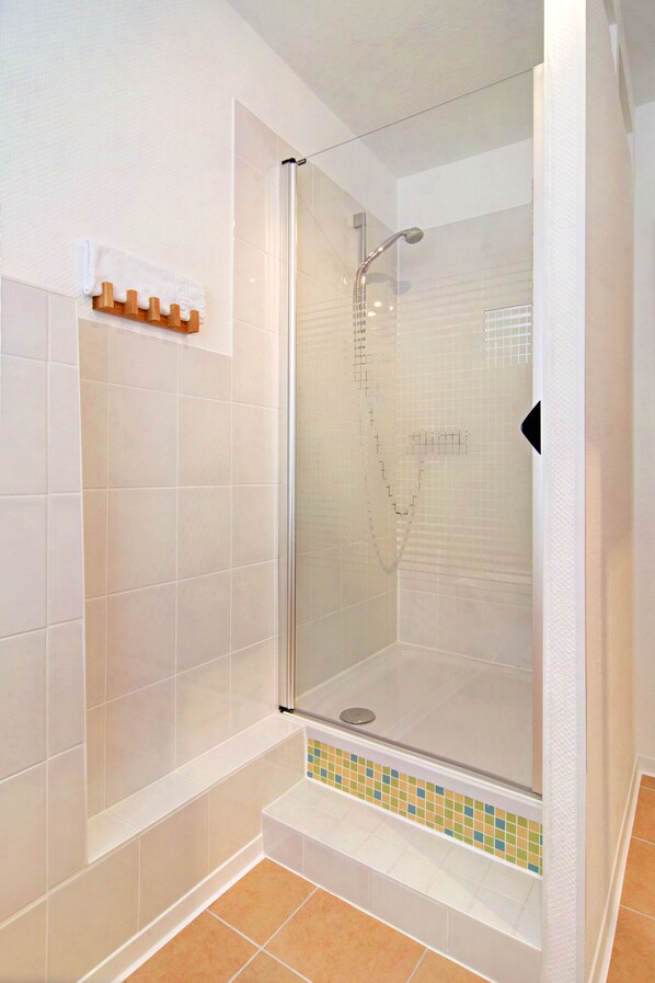 A glass-enclosed shower with a tiled floor and a small step leading up to it. - Am Mühlenteich (Lübeck)