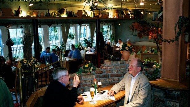 A cozy restaurant with brick walls, wooden tables, and hanging plants. - Hotel Restaurant Gerold (Paderborn)