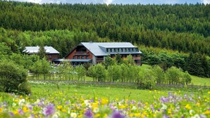 A hotel with a modern design, set in a lush green landscape with a forested backdrop.