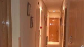 A hotel hallway with wooden doors, a carpeted floor, and a light fixture on the ceiling. - Hostal Cruz Sol (Madrid)