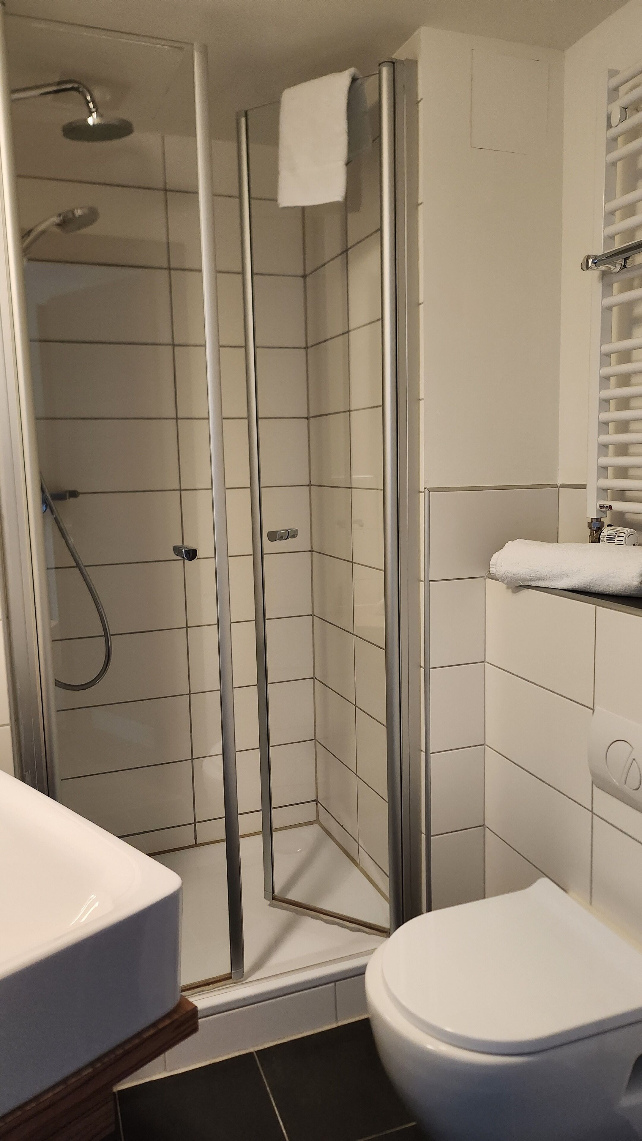 Une salle de bain moderne avec une douche à parois de verre, des toilettes blanches et un meuble-lavabo avec un miroir.