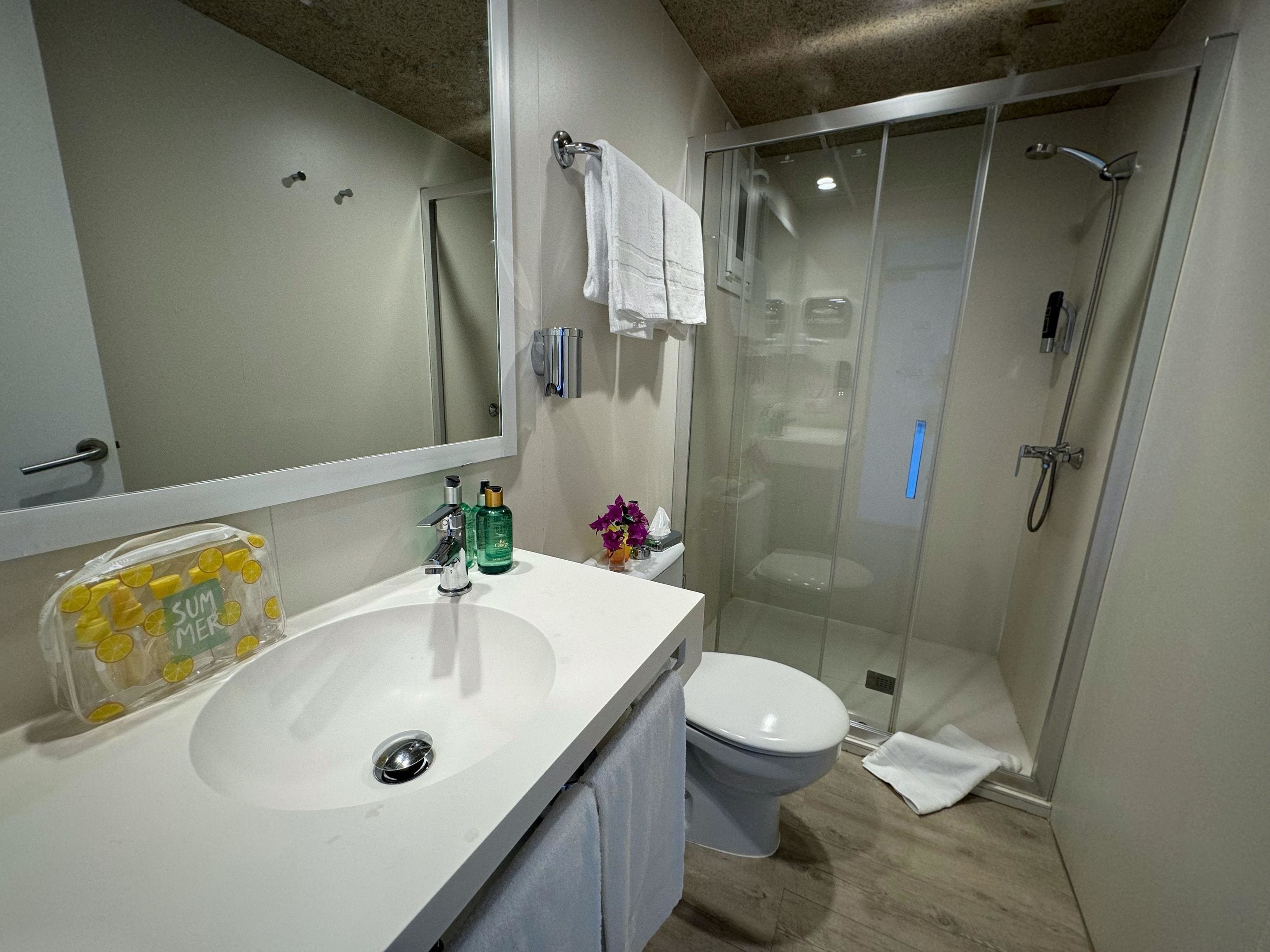 A modern bathroom with a white sink, a toilet, and a glass-enclosed shower.