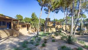 A courtyard with a sandy ground, green plants, and trees. There are buildings with beige walls and windows. - Ses Eufabietes Apartments & Restaurant (Formentera)