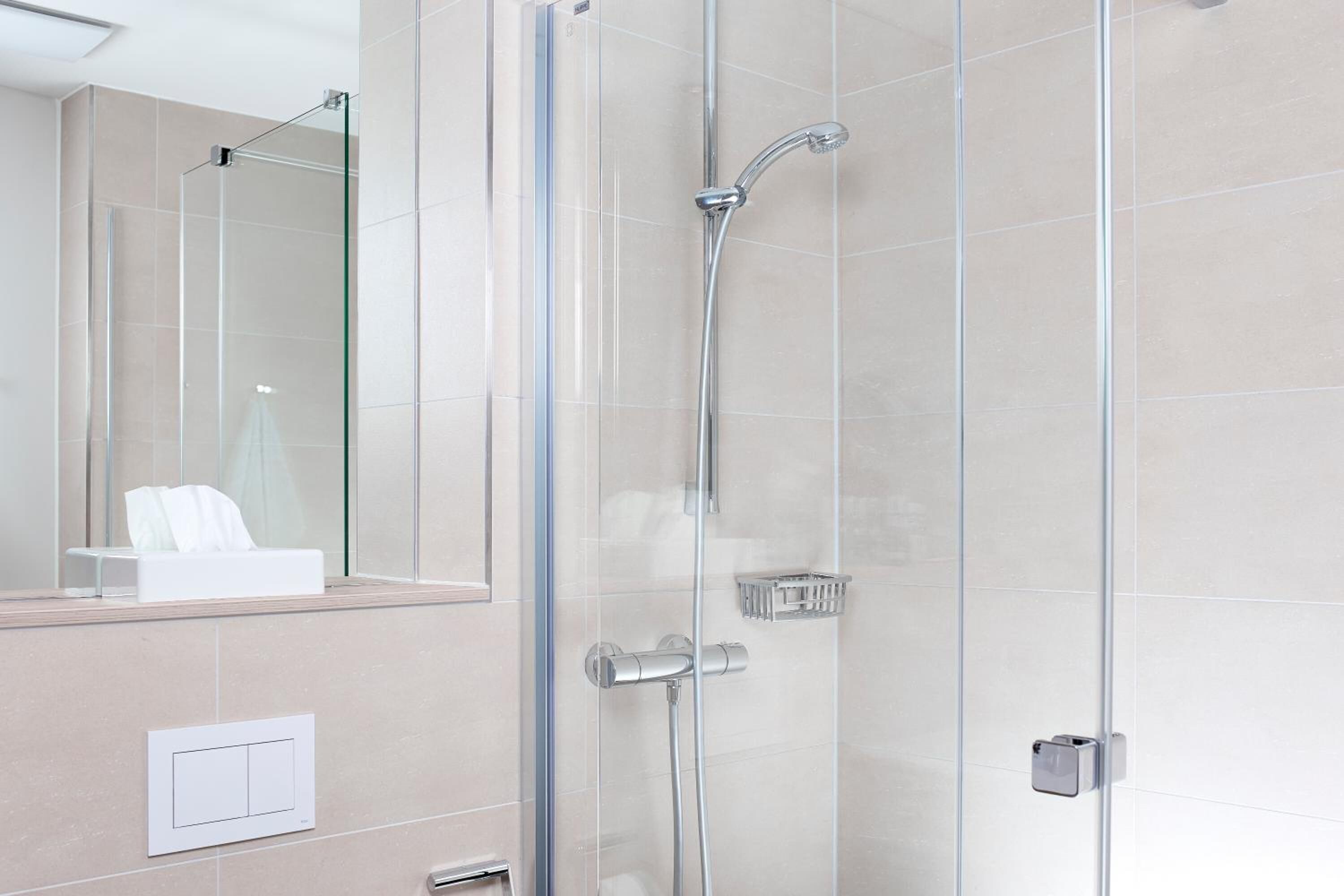 shower, free toiletries, hair dryer, towels