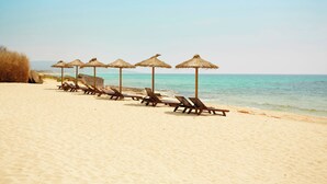 A beach with rows of sun loungers and thatched umbrellas. - Es Pi2 (Formentera)