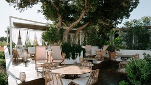 An outdoor patio with wicker furniture, a round table, and a large tree providing shade. - Hotel Rosamar (Formentera)
