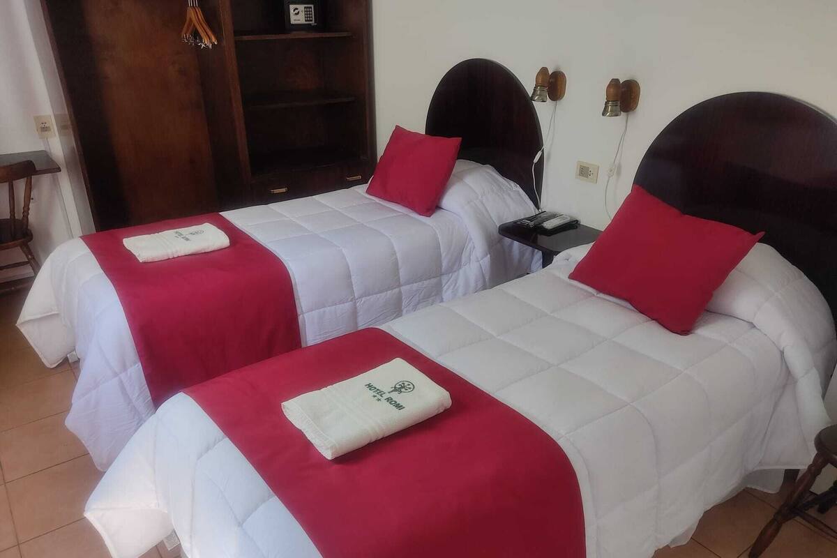 Two single beds with red and white bedding, a wooden headboard, a small bedside table with a phone, and a wall-mounted lamp.