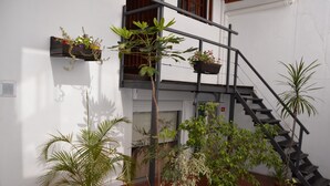 A staircase with potted plants on either side, a white wall, and a tiled floor. - Hotel Romi (Colonia del Sacramento)
