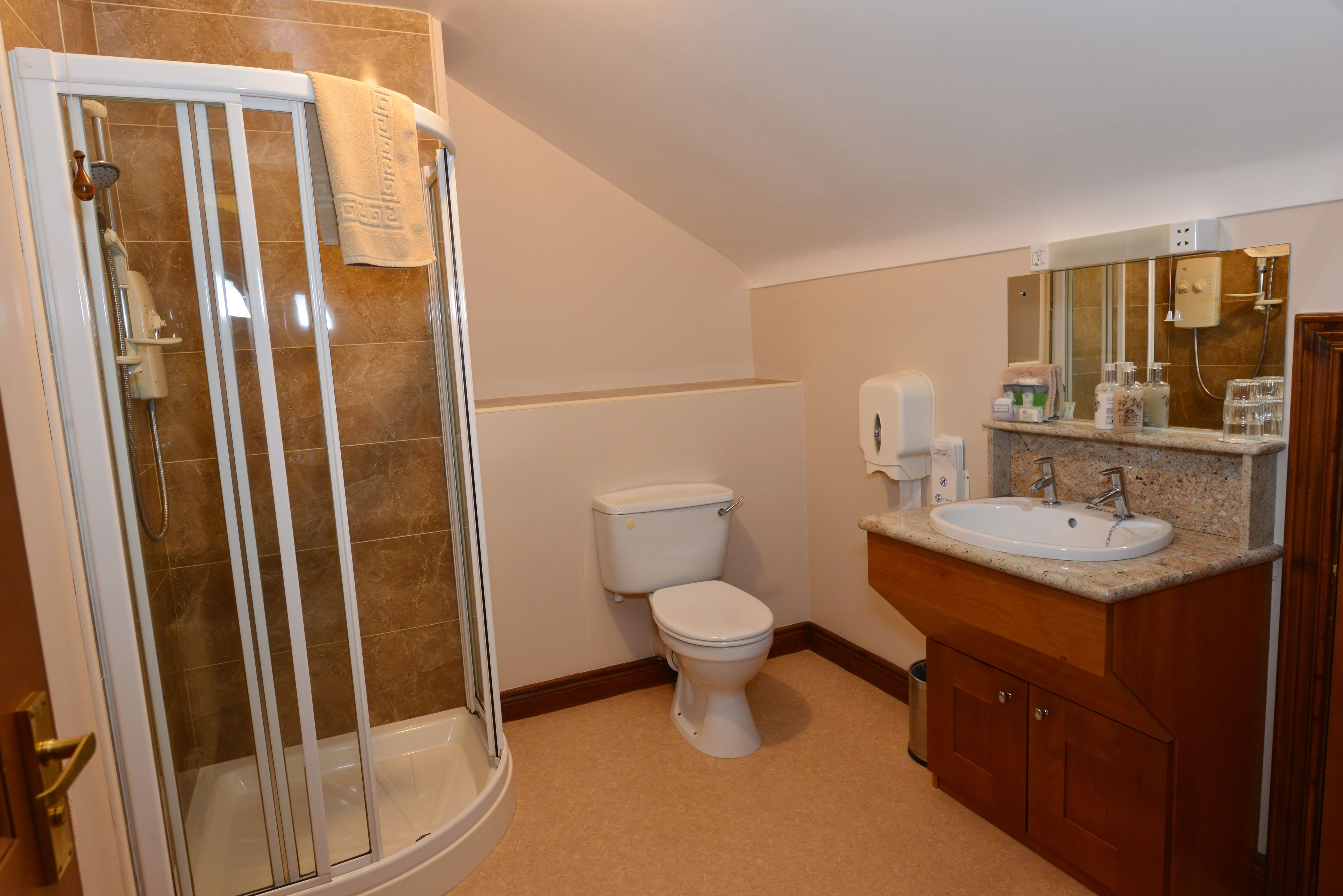 Une salle de bain avec une douche à parois de verre, des toilettes, un lavabo avec un miroir et des meubles en bois.