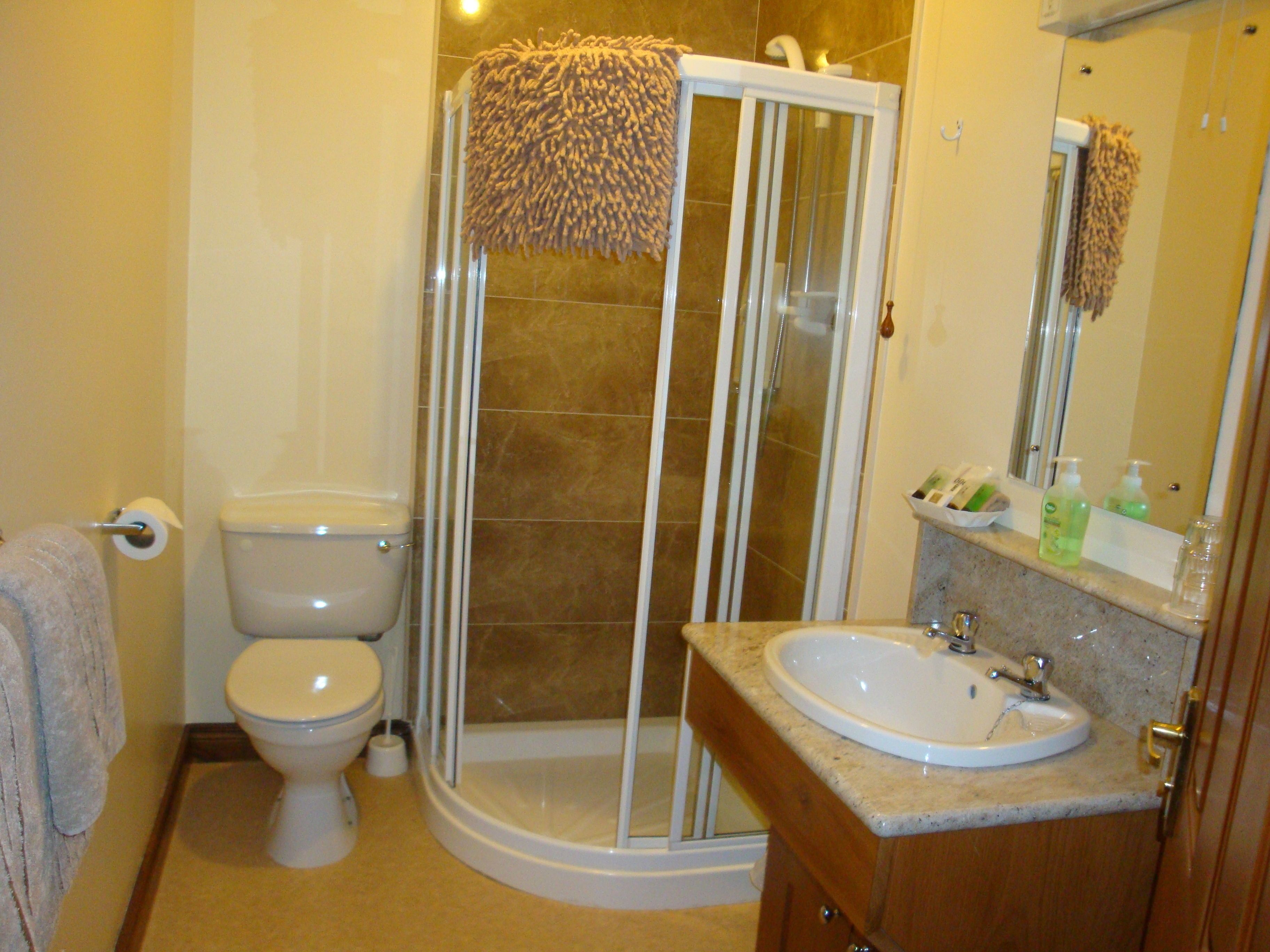 Ein Badezimmer mit Toilette, Duschkabine und Waschbecken mit Spiegel.