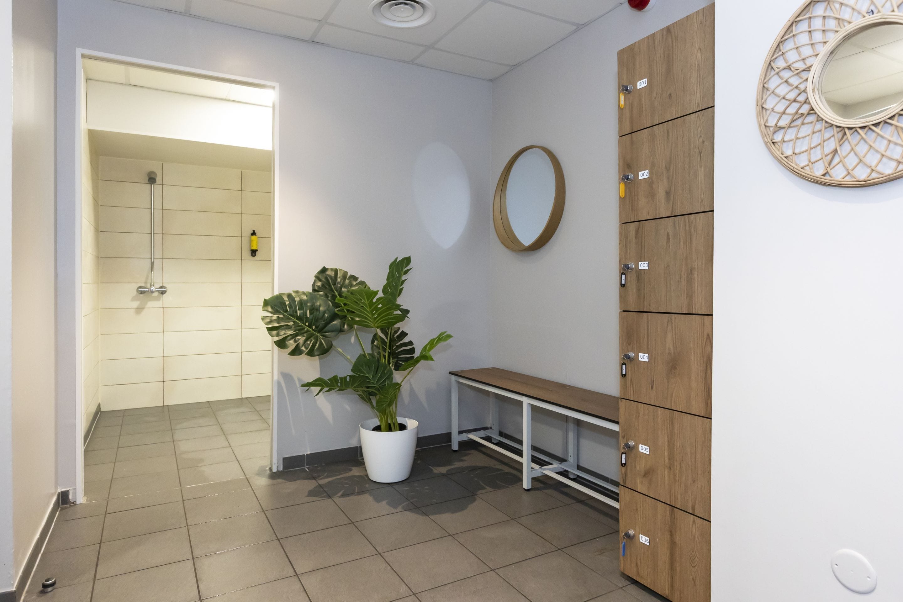 A bathroom with a shower, a potted plant, a bench, and a wooden cabinet with a mirror.