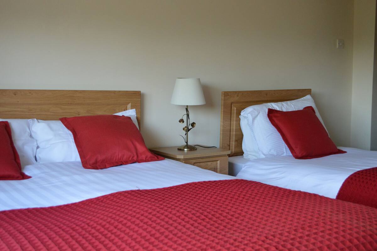 Two beds with red and white bedding, a bedside table with a lamp, and a wooden headboard.