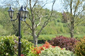 A garden with a black lamp post and flowering plants. - Clooneen House (Killeshandra)