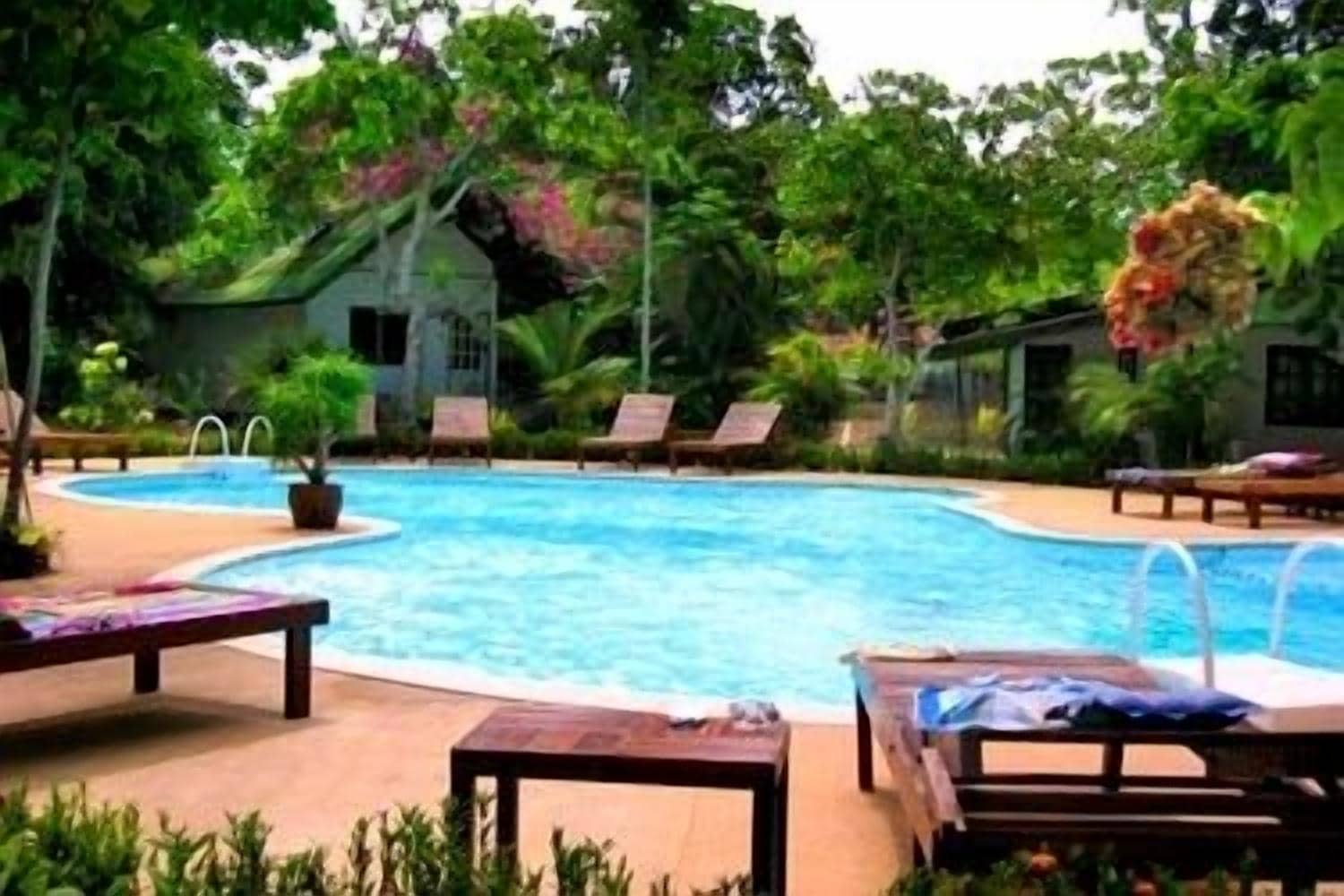 室外游泳池，提供日光浴躺椅