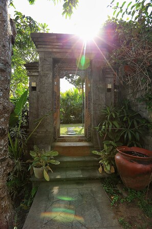 Una entrada de pedra amb escales cap a un jardí, envoltada de plantes en testos i una olla de terracota gran.