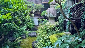 Un jardín japonés tradicional con un farol de piedra, rocas cubiertas de musgo y abundante vegetación.