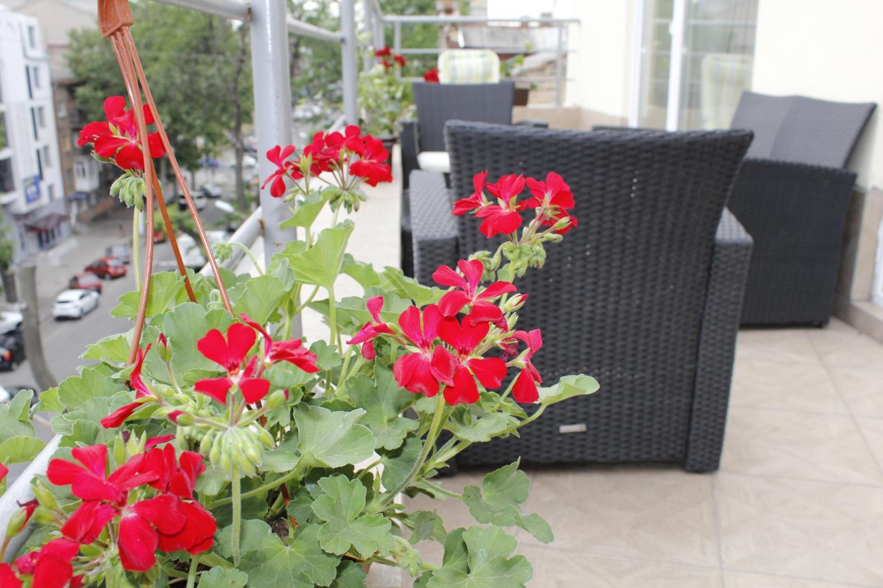 Un balcon agrémenté de meubles en osier et de fleurs rouges.