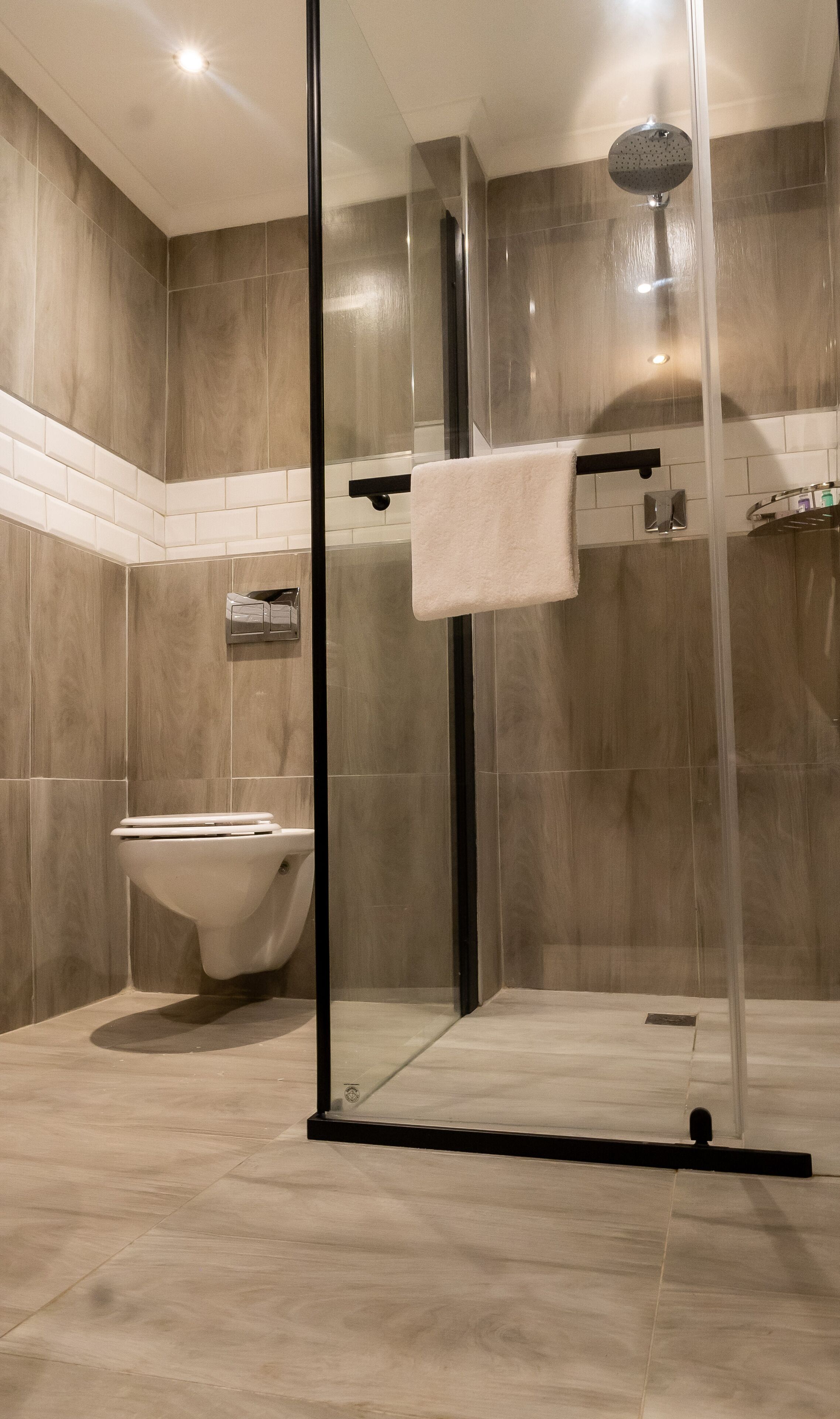 A modern bathroom with a glass-enclosed shower, a toilet, and a towel rack.