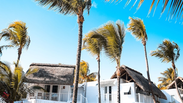 Un resort con piscina, edificios blancos y palmeras.