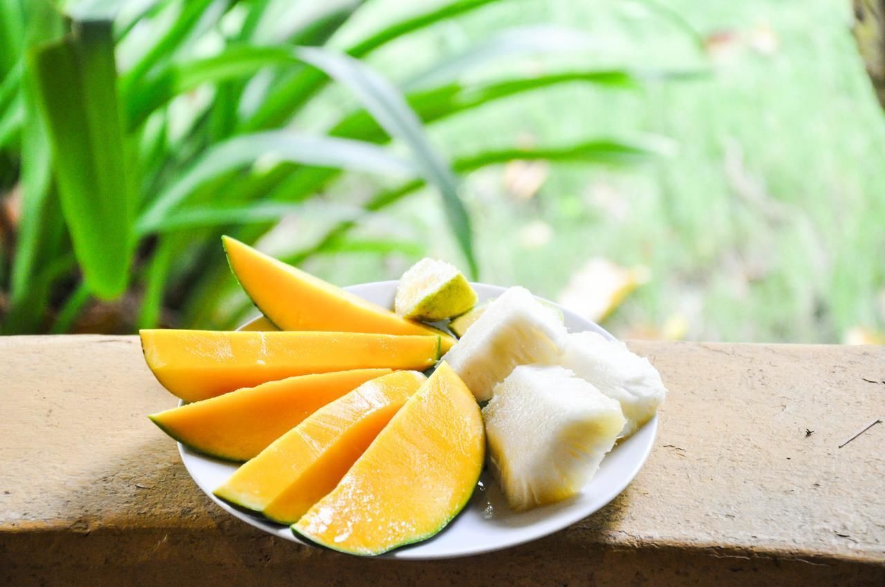 A plate with sliced mango and white fruit, possibly papaya, on a wooden surface with green foliage in the background.