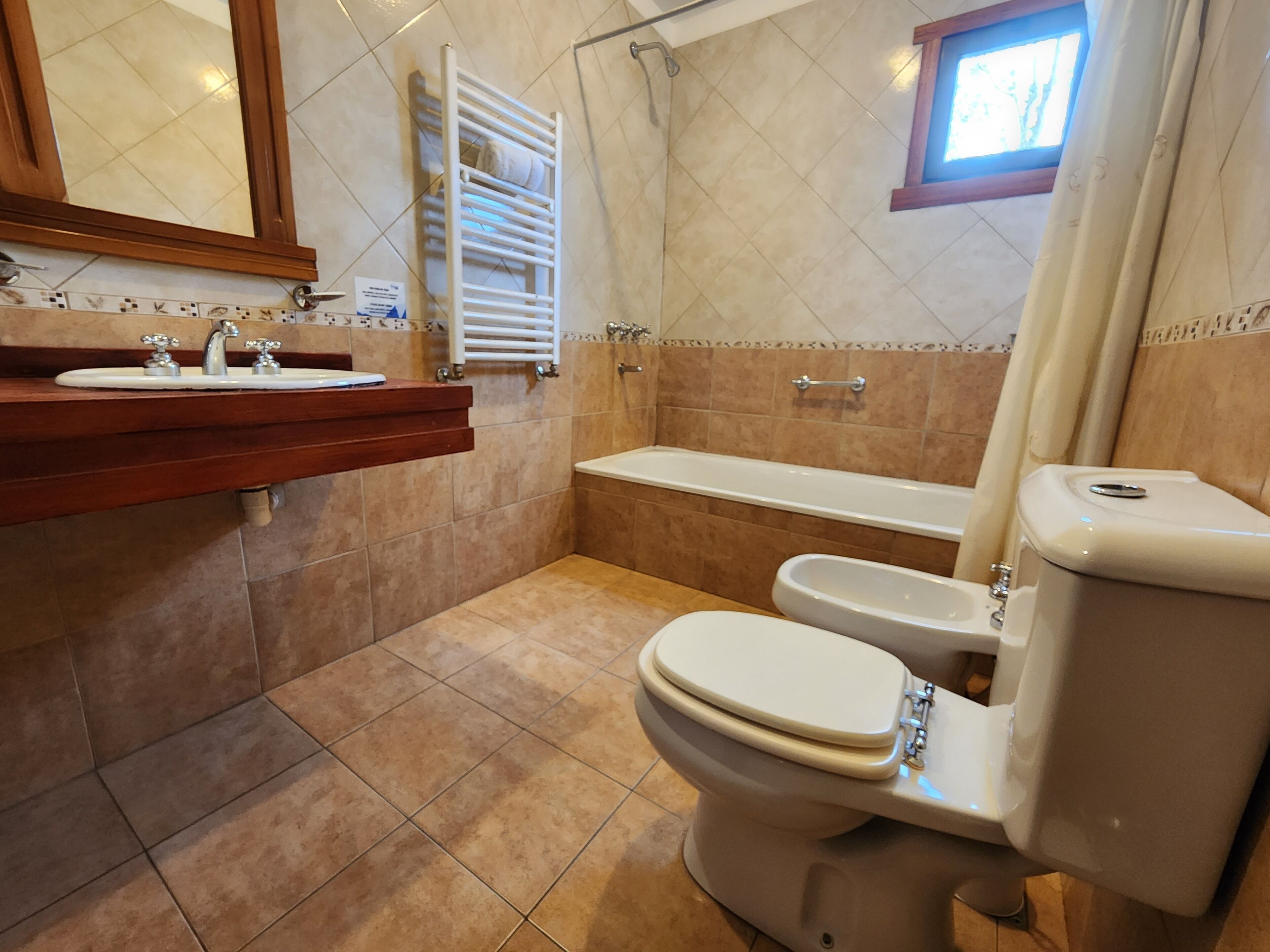 combined shower/bathtub, deep-soaking bathtub, hair dryer, bidet