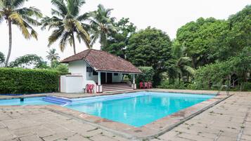 A swimming pool with a small pavilion and steps leading into the water, surrounded by lush greenery and palm trees.