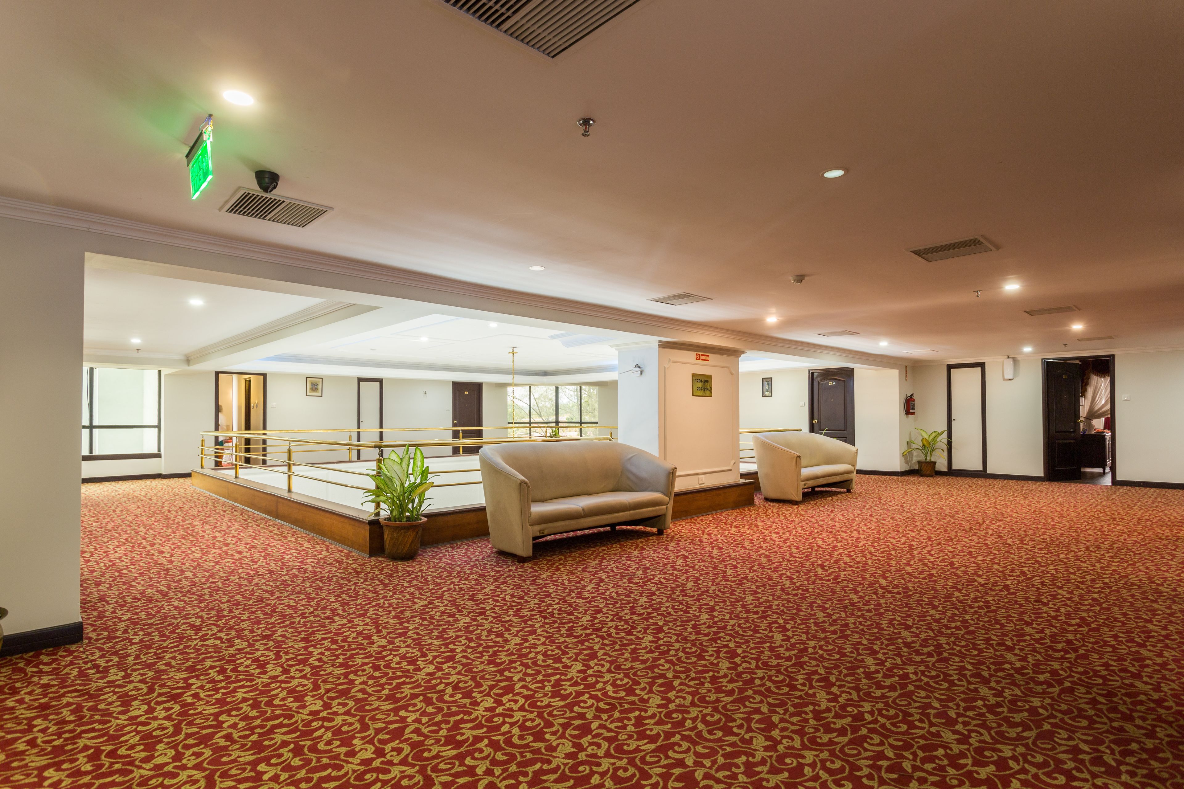 A spacious room with a red patterned carpet, two sofas, a potted plant, and a large window.