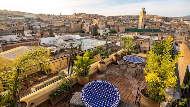 Una terraza en la azotea con plantas en macetas, mobiliario exterior y vistas a un paisaje urbano histórico.