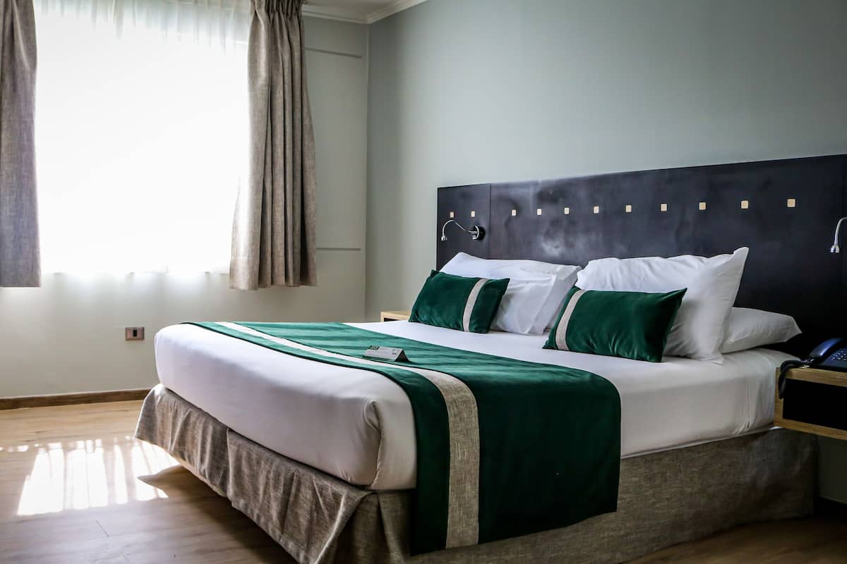 Una habitación de hotel con una cama, un escritorio y una silla.