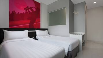 A hotel room with two beds, a large window, a wall-mounted TV, and a shower area.
