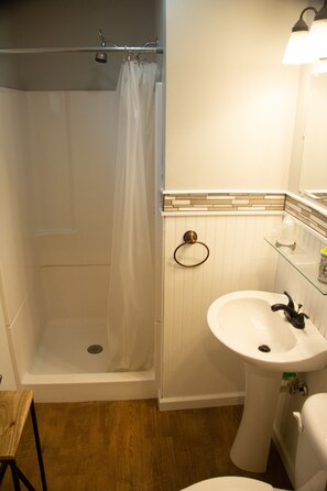 Bathroom features a shower enclosure, pedestal sink, and glass shelf.