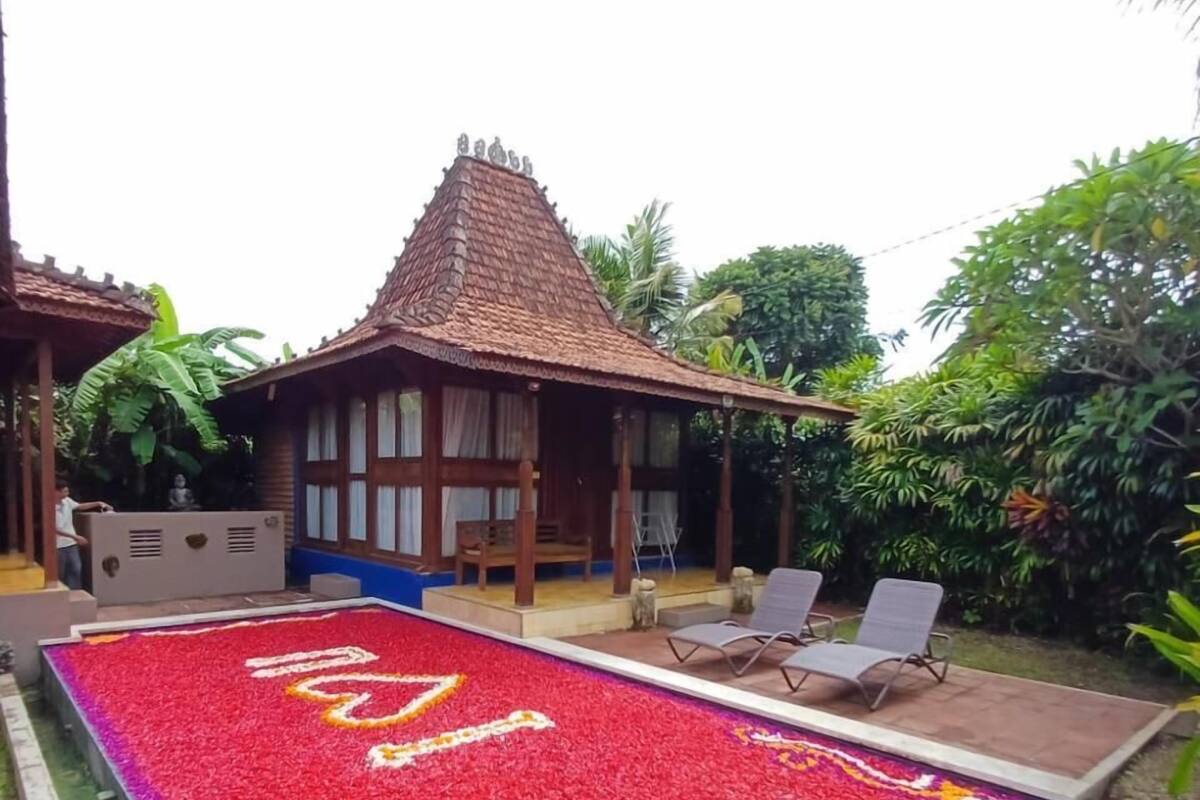 A traditional house with a tiled roof and a garden area with a flower bed and lounge chairs.