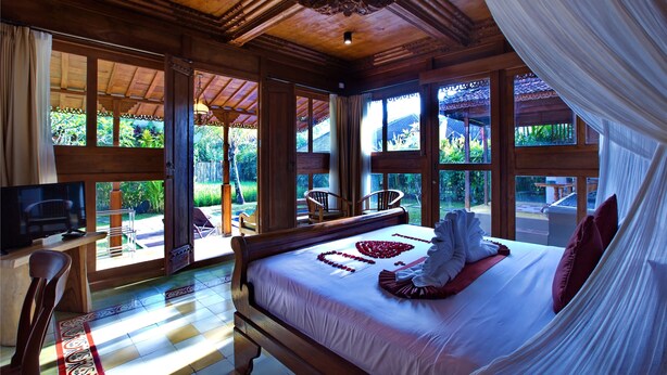 A spacious bedroom with a large bed, a television, and a view of the garden. - Ubud Heaven Penestanan (Ubud)