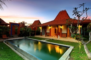 Outdoor pool, pool umbrellas, pool loungers